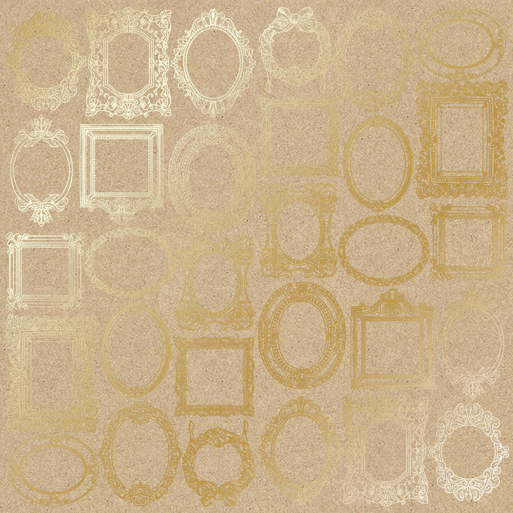 Sheet of single-sided paper with gold foil embossing, pattern "Golden Frames Kraft"