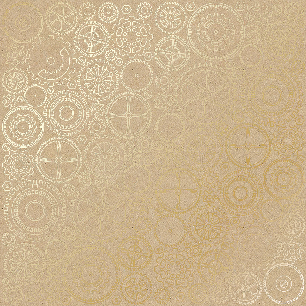 Sheet of single-sided paper with gold foil embossing, pattern Golden Gears Kraft, 12"x12" 