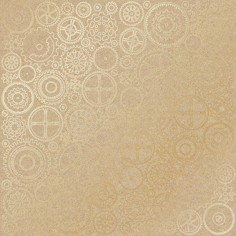 Blatt aus einseitigem Papier mit Goldfolienprägung, Muster Golden Gears Kraft, 12"x12" - Fabrika Decoru