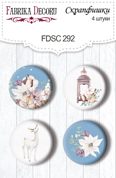 Set mit 4 Flair-Buttons zum Scrapbooking von „Winter Love Story“ #292 - Fabrika Decoru