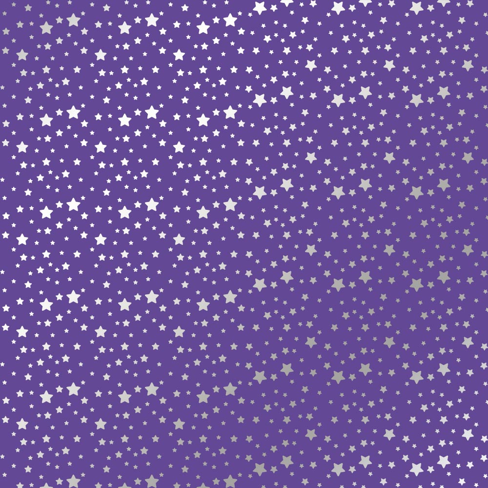 Sheet of single-sided paper embossed with silver foil, pattern Silver stars, color Lavender 12"x12"