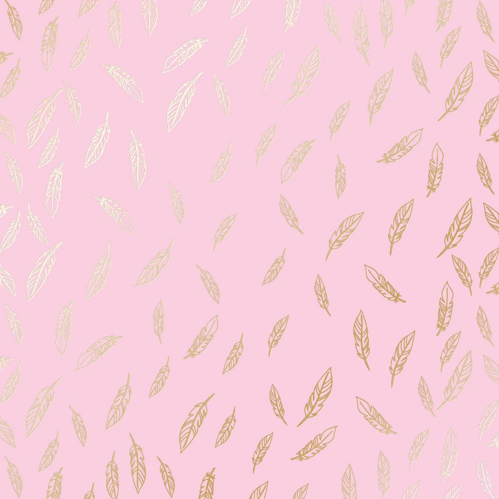 Sheet of single-sided paper with gold foil embossing, pattern Golden Feather Pink, 12"x12"