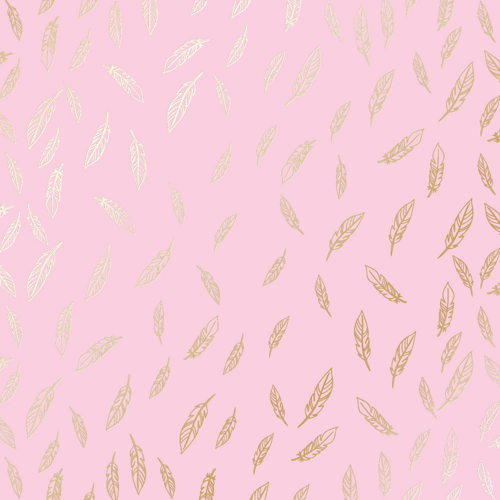 Sheet of single-sided paper with gold foil embossing, pattern Golden Feather Pink, 12"x12"