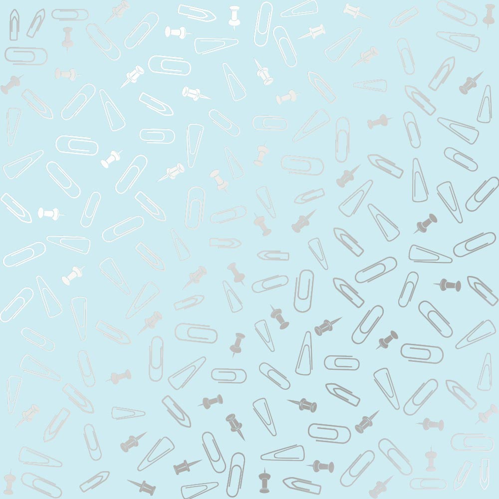 Einseitig bedrucktes Blatt Papier mit Silberfolie, Muster Silber Reißnägel und Büroklammern, Farbe Blau 12"x12" - Fabrika Decoru