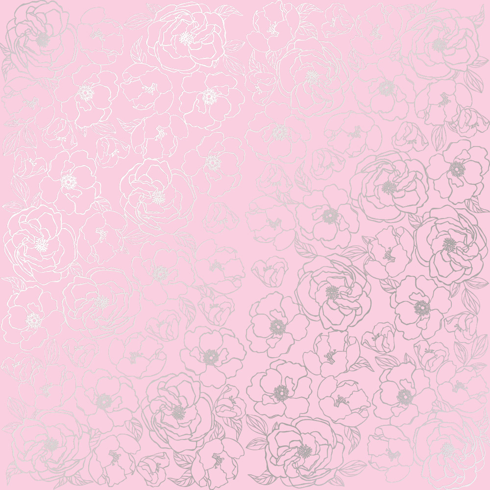 Einseitig bedrucktes Blatt Papier mit Silberfolie, Muster Silber Pion Pink 12"x12" - Fabrika Decoru