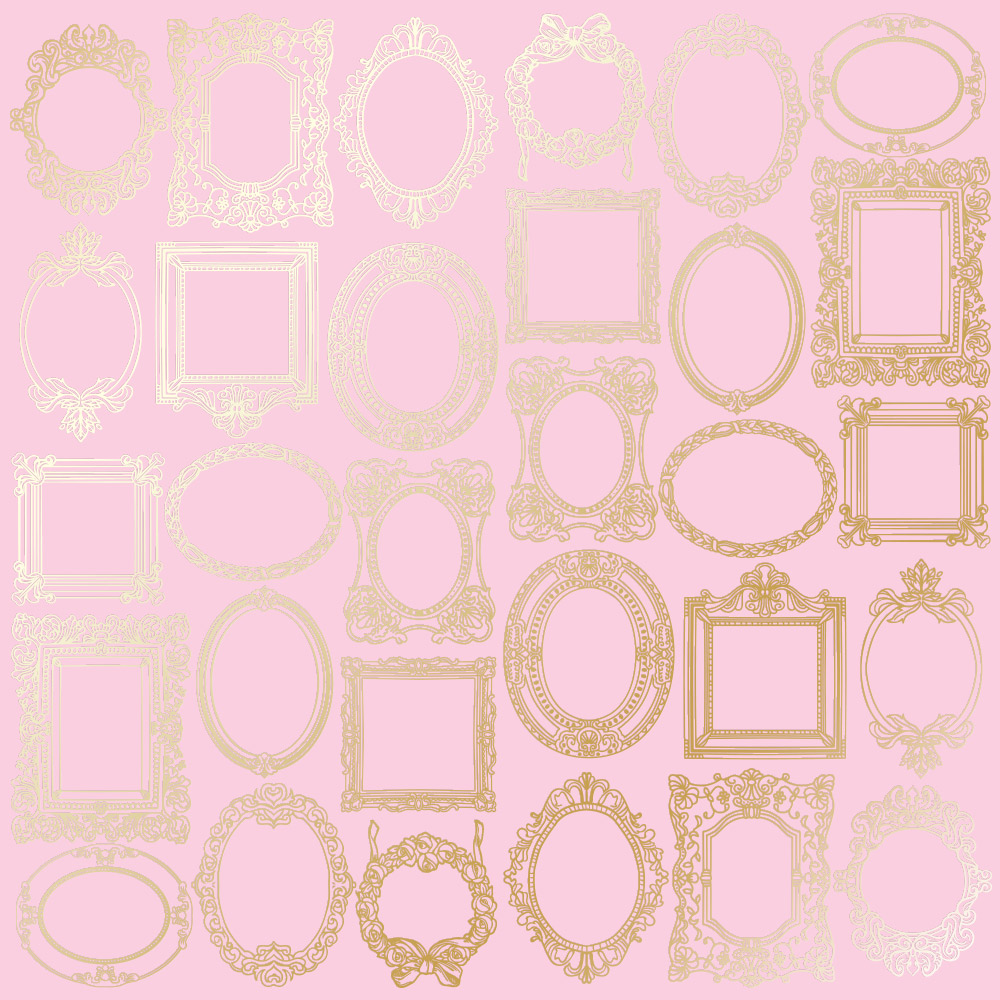 Sheet of single-sided paper with gold foil embossing, pattern "Golden Frames Pink"