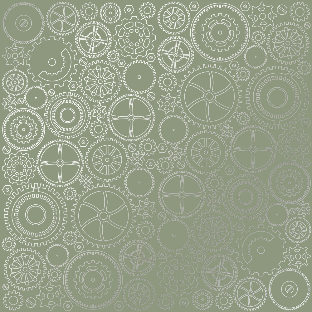 Sheet of single-sided paper embossed with silver foil, pattern Silver Gears Olive 12"x12" 