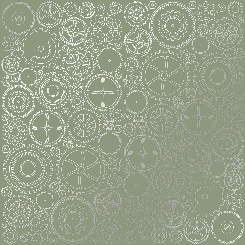 Sheet of single-sided paper embossed with silver foil, pattern Silver Gears Olive 12"x12" 