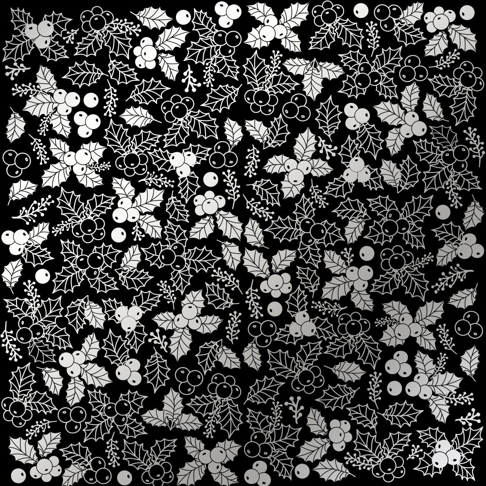 Einseitig bedrucktes Blatt Papier mit Silberfolie, Muster Silberne Winterbeeren, Schwarz, 30,5 x 30,5 cm - Fabrika Decoru