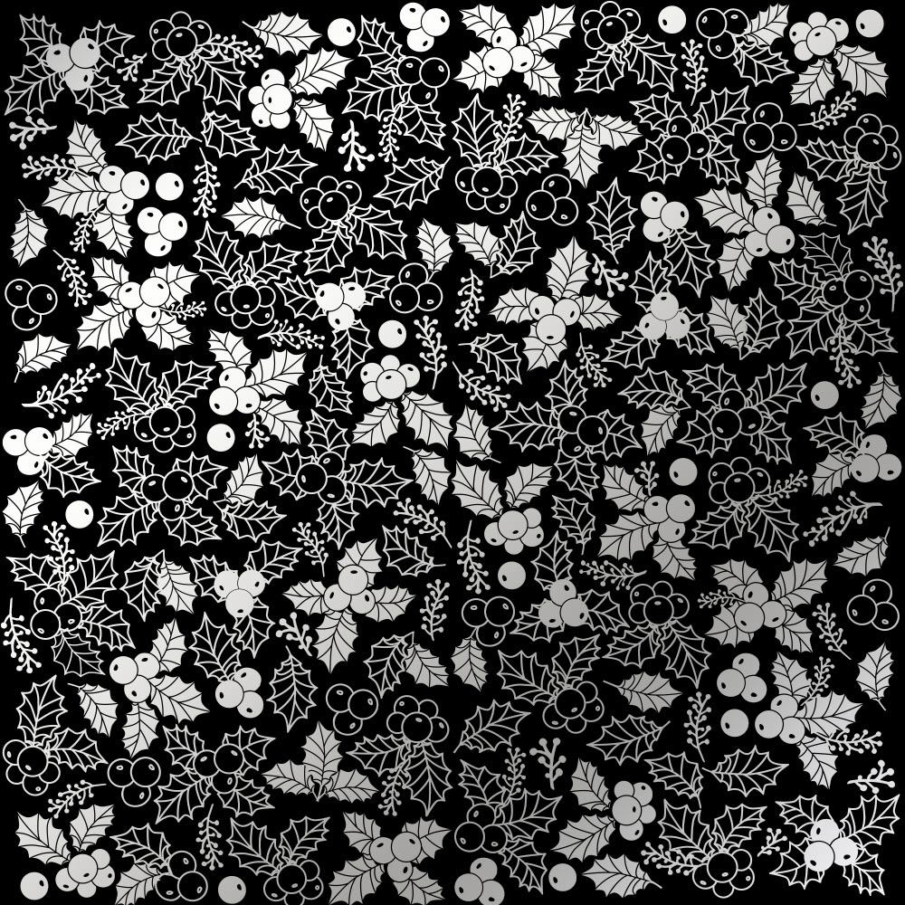 Sheet of single-sided paper embossed with silver foil, pattern Silver Winterberries Black 12"x12" 