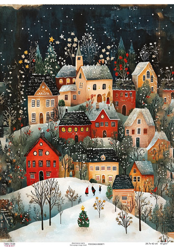 Decoupage Card "Winter Village in the Evening", #0869, 29.7x42cm