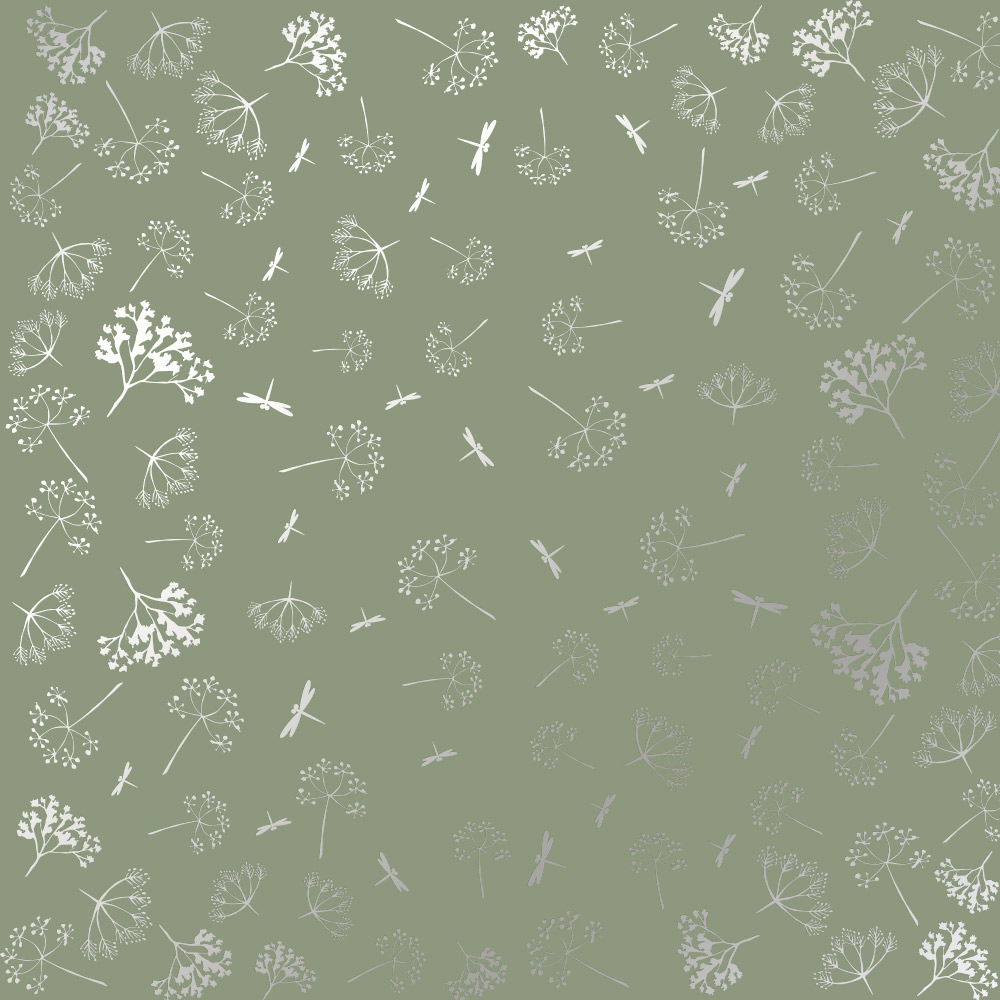 Sheet of single-sided paper embossed with silver foil, pattern Silver Dill Olive 12"x12"