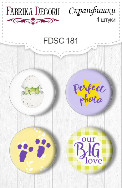 Set mit 4 Stk. Flair Buttons zum Scrapbooking "Dino Baby" EN #181 - Fabrika Decoru