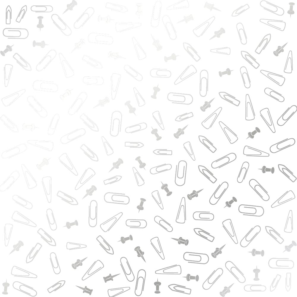 Einseitig bedrucktes Blatt Papier mit Silberfolie, Muster Silber Reißnägel und Büroklammern, Farbe Weiß 12"x12" - Fabrika Decoru