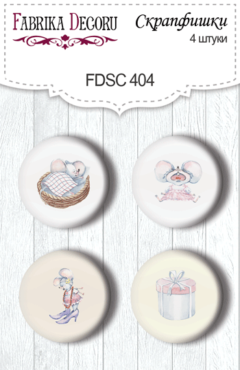 Set mit 4 Flair-Buttons zum Scrapbooking My little mousy girl #404 - Fabrika Decoru