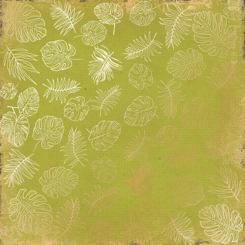 Sheet of single-sided paper with gold foil embossing, pattern Golden Tropical Leaves Botany summer, 12"x12"