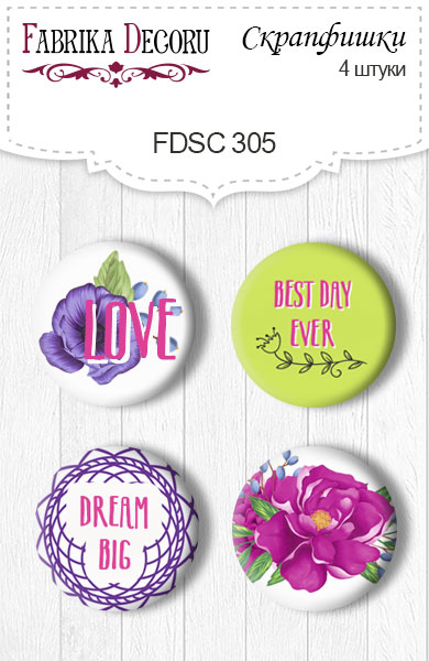 Set mit 4 Flair-Buttons zum Scrapbooking von „Mind Flowers 2“ #305 - Fabrika Decoru