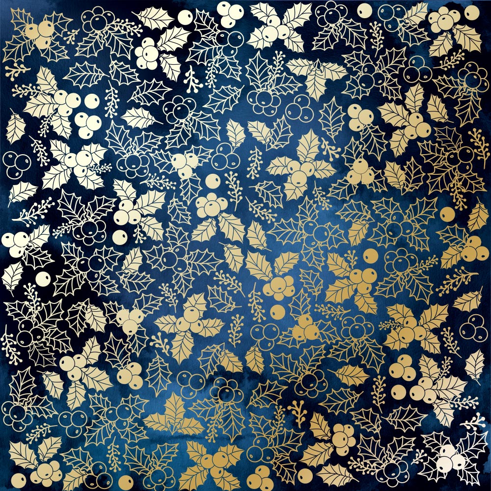 Einseitig bedruckter Papierbogen mit Goldfolienprägung, Muster "Goldene Winterbeeren Dunkelblau" - Fabrika Decoru