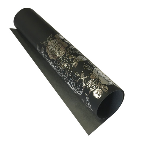 Stück PU-Leder zum Buchbinden mit silbernem Muster Silver Peony Passion, Farbe Schwarz, 50 cm x 25 cm - Fabrika Decoru