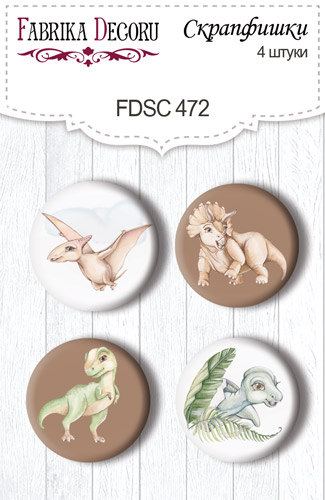 Set mit 4 Flair-Buttons zum Scrapbooking von Dinosauria #472 - Fabrika Decoru