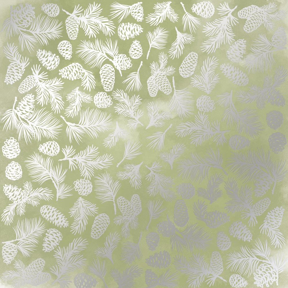 Sheet of single-sided paper embossed with silver foil, pattern Silver Pine cones Olive watercolor 12"x12" 