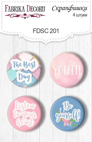 Set mit 4 Flair-Buttons zum Scrapbooking „Believe in Miracle“ EN #201 - Fabrika Decoru