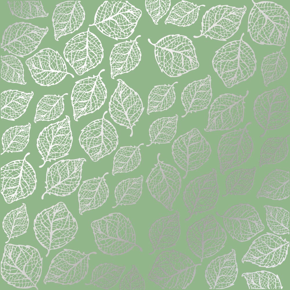 лист односторонней бумаги с серебряным тиснением, дизайн silver delicate leaves,  avocado, 30,5см х 30,5см