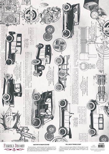 Arkusz kalki z nadrukiem, Deco Vellum, format A3 (11,7" х 16,5"), "Vintage Cars" - Fabrika Decoru