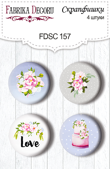 Set mit 4 Stk. Flair-Buttons für Scrapbooking „Wedding of our dream“ EN #157 - Fabrika Decoru