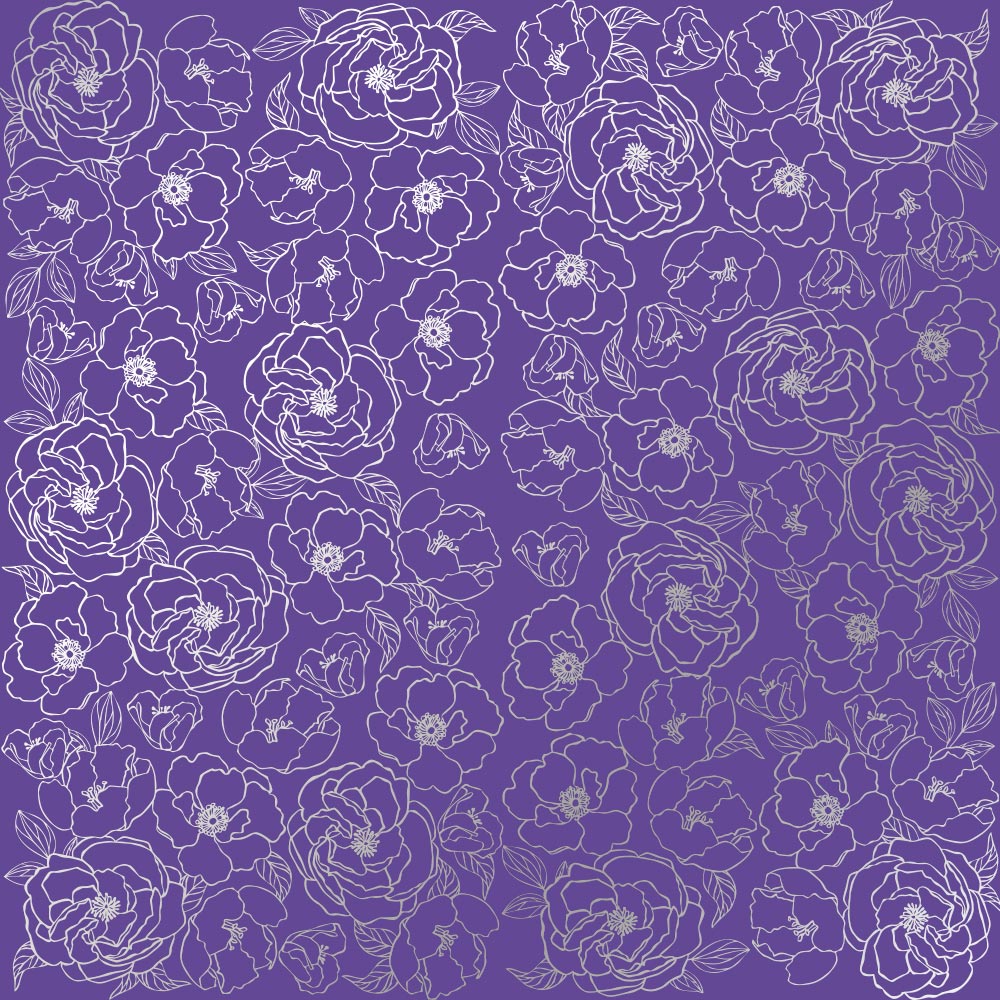 Sheet of single-sided paper embossed with silver foil, pattern Silver Pion, color Lavender 12"x12" 