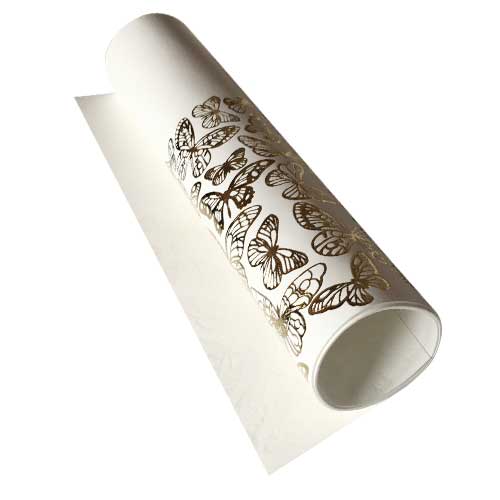 Piece of PU leather with gold stamping, pattern Golden Butterflies White, 50cm x 25cm