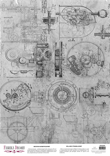 Arkusz kalki z nadrukiem, Deco Vellum, format A3 (11,7" х 16,5"), "Grunge Technical drawing" - Fabrika Decoru