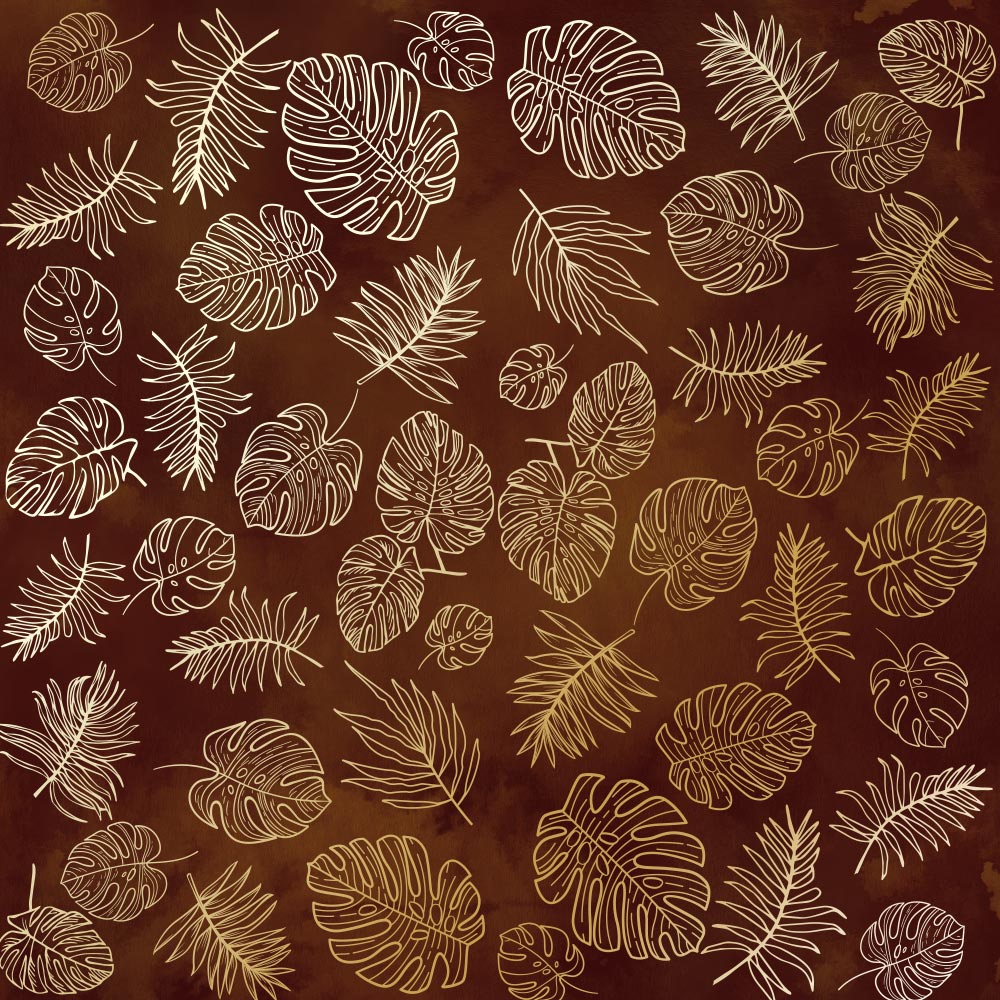 Blatt aus einseitigem Papier mit Goldfolienprägung, Muster Golden Tropical Leaves, Farbe Braun Aquarell, 12"x12" - Fabrika Decoru