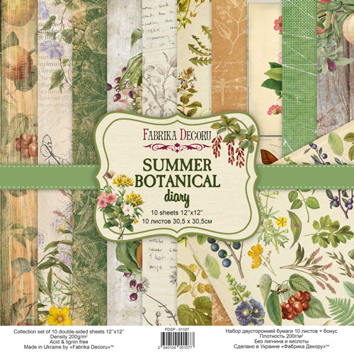 Doppelseitiges Scrapbooking-Papier-Set Summer Botanical Diary, 30.5 cm x 30.5cm, 10 Blätter - Fabrika Decoru