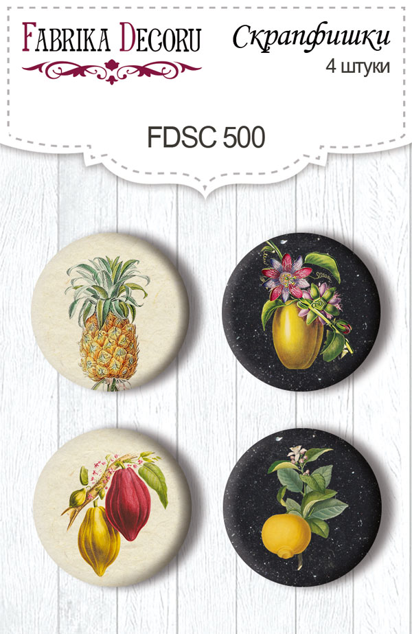 Set mit 4 Flair-Buttons für Scrapbooking Botanik exotisch #500 - Fabrika Decoru