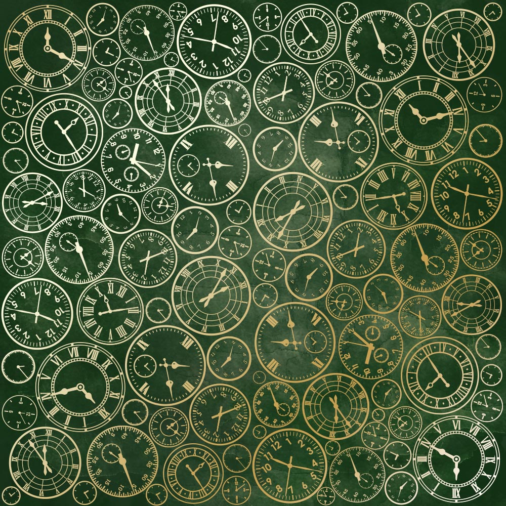 Sheet of single-sided paper with gold foil embossing, pattern Golden Clocks, color Dark green aquarelle 12"x12" 