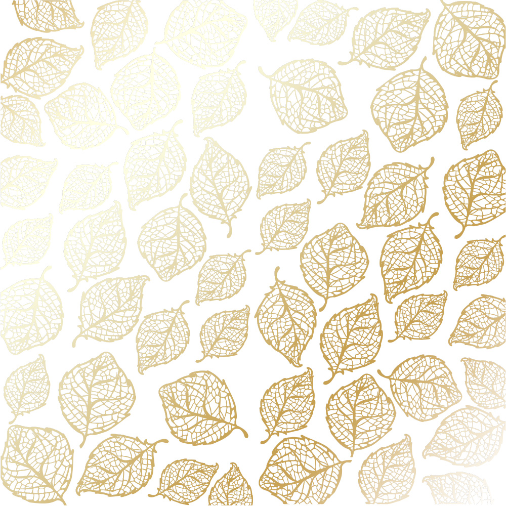 Sheet of single-sided paper with gold foil embossing, pattern Golden Delicate Leaves White, 12"x12"