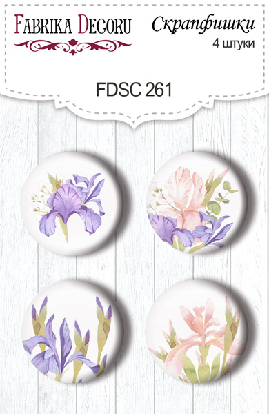 Set mit 4 Flair-Buttons zum Scrapbooking „Majestic Iris“ #261 - Fabrika Decoru