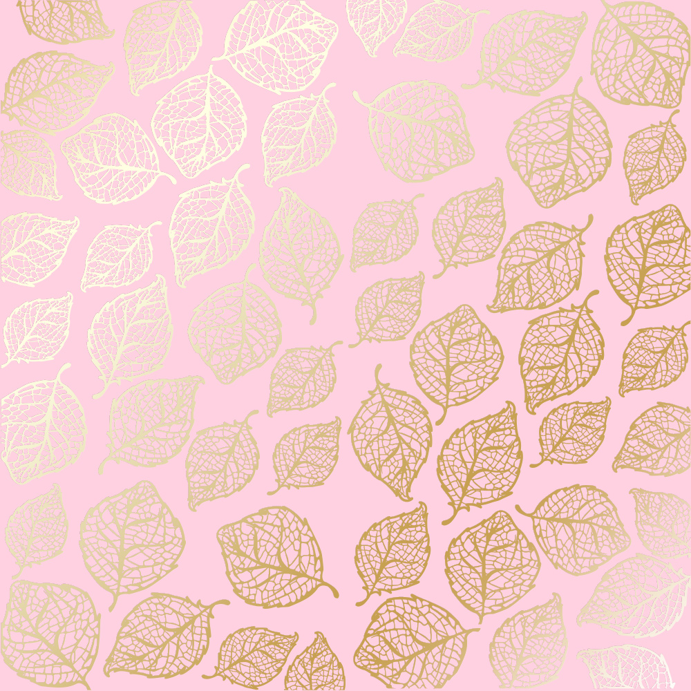 Blatt aus einseitigem Papier mit Goldfolienprägung, Muster Golden Delicate Leaves Pink, 12"x12" - Fabrika Decoru