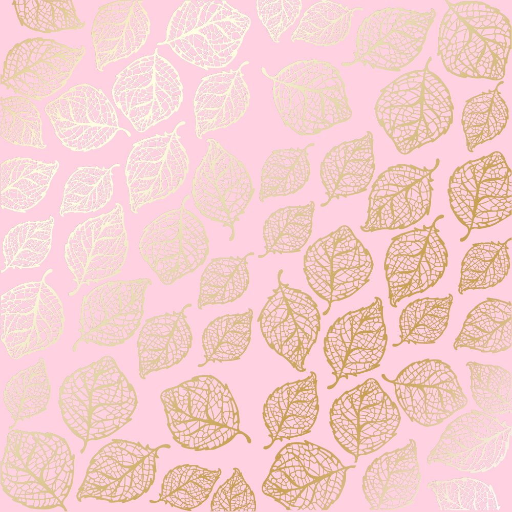 Sheet of single-sided paper with gold foil embossing, pattern Golden Delicate Leaves Pink, 12"x12"