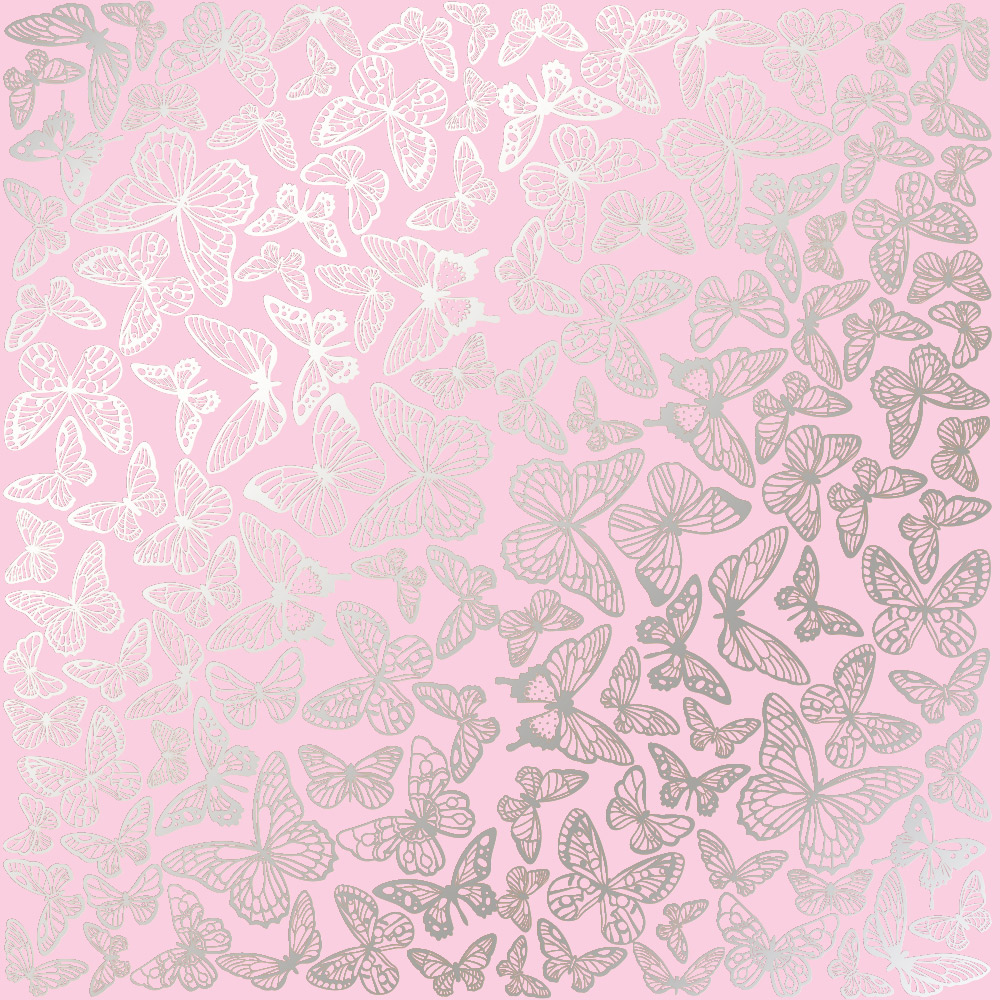 Arkusz papieru jednostronnego wytłaczanego srebrną folią, wzór Srebrne motyle różowe 12 "x 12" - Fabrika Decoru