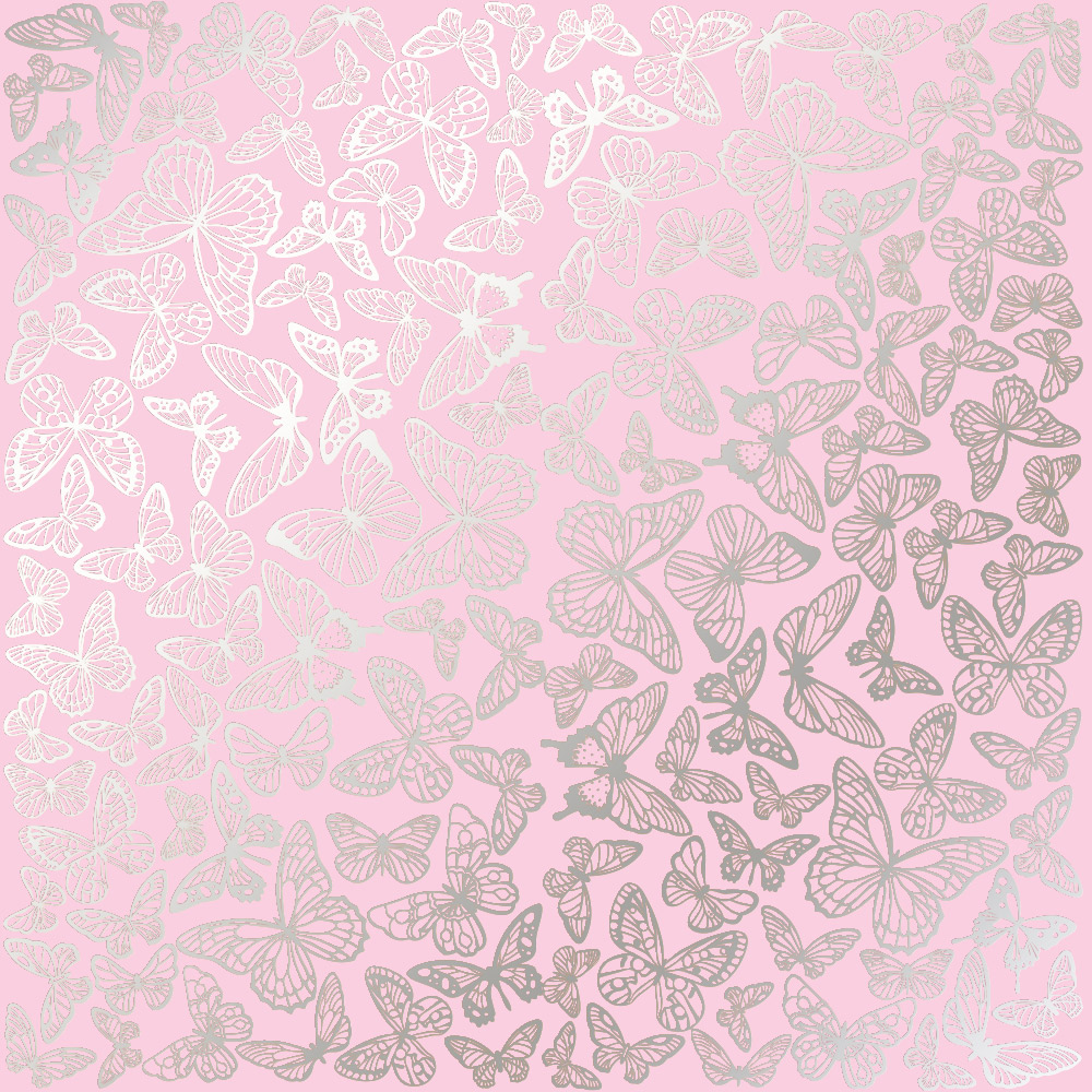 Sheet of single-sided paper embossed with silver foil, pattern Silver Butterflies Pink 12"x12" 