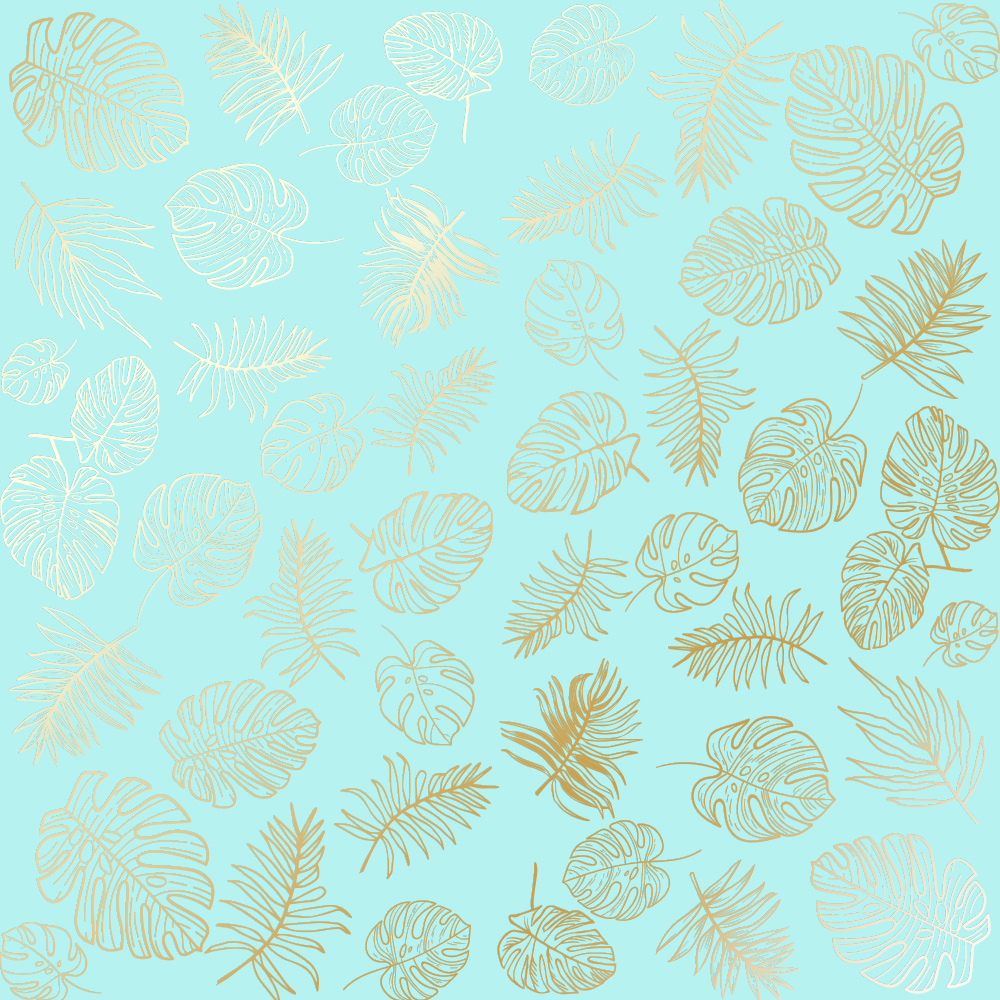 Blatt aus einseitigem Papier mit Goldfolienprägung, Muster Golden Tropical Leaves Turquoise, 12"x12" - Fabrika Decoru