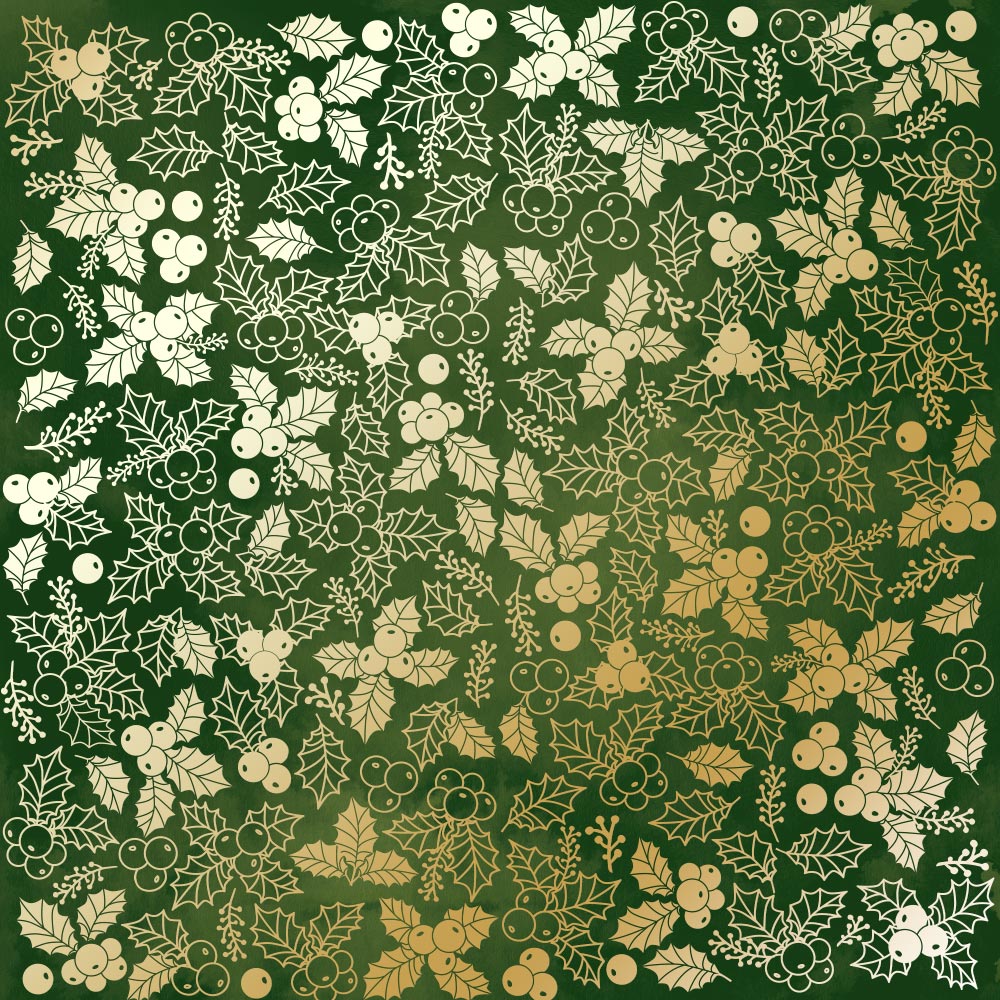 Sheet of single-sided paper with gold foil embossing, pattern "Golden Winterberries Green aquarelle"