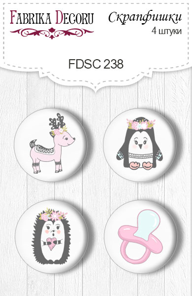 Set mit 4 Flair-Buttons zum Scrapbooking „Scandi Baby Girl“ #238 - Fabrika Decoru