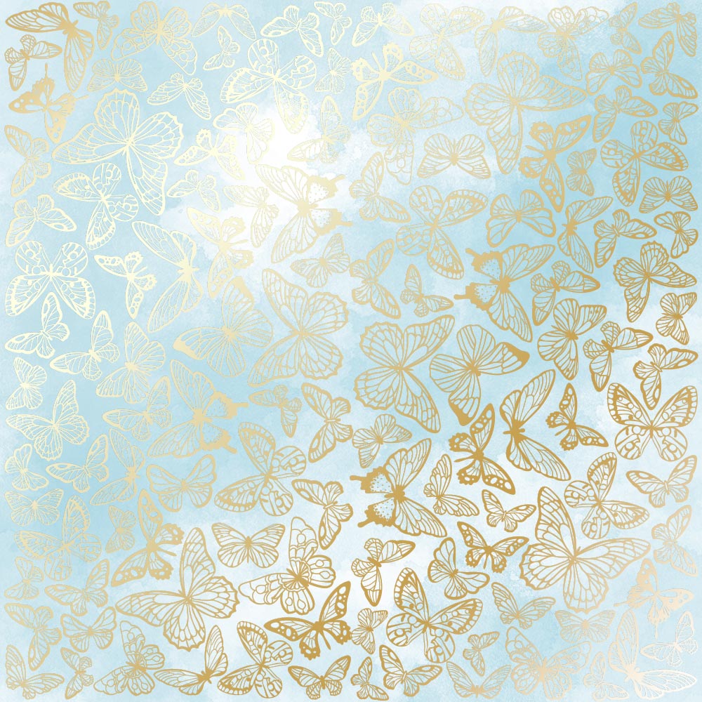 Sheet of single-sided paper with gold foil embossing, pattern "Golden Butterflies, color Azure watercolor"