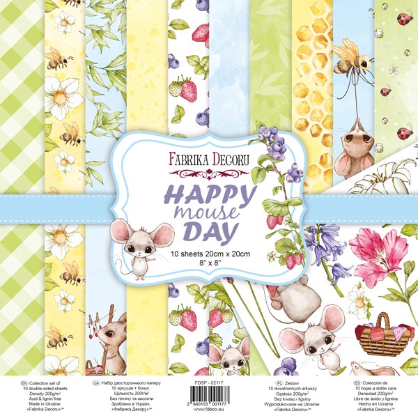 Doppelseitiges Scrapbooking-Papierset „Happy Mouse Day“, 20 x 20 cm, 10 Blätter - Fabrika Decoru