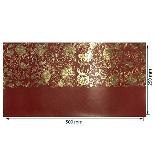 Piece of PU leather for bookbinding with gold pattern Golden Peony Passion, color Wine red, 50cm x 25cm - foto 0