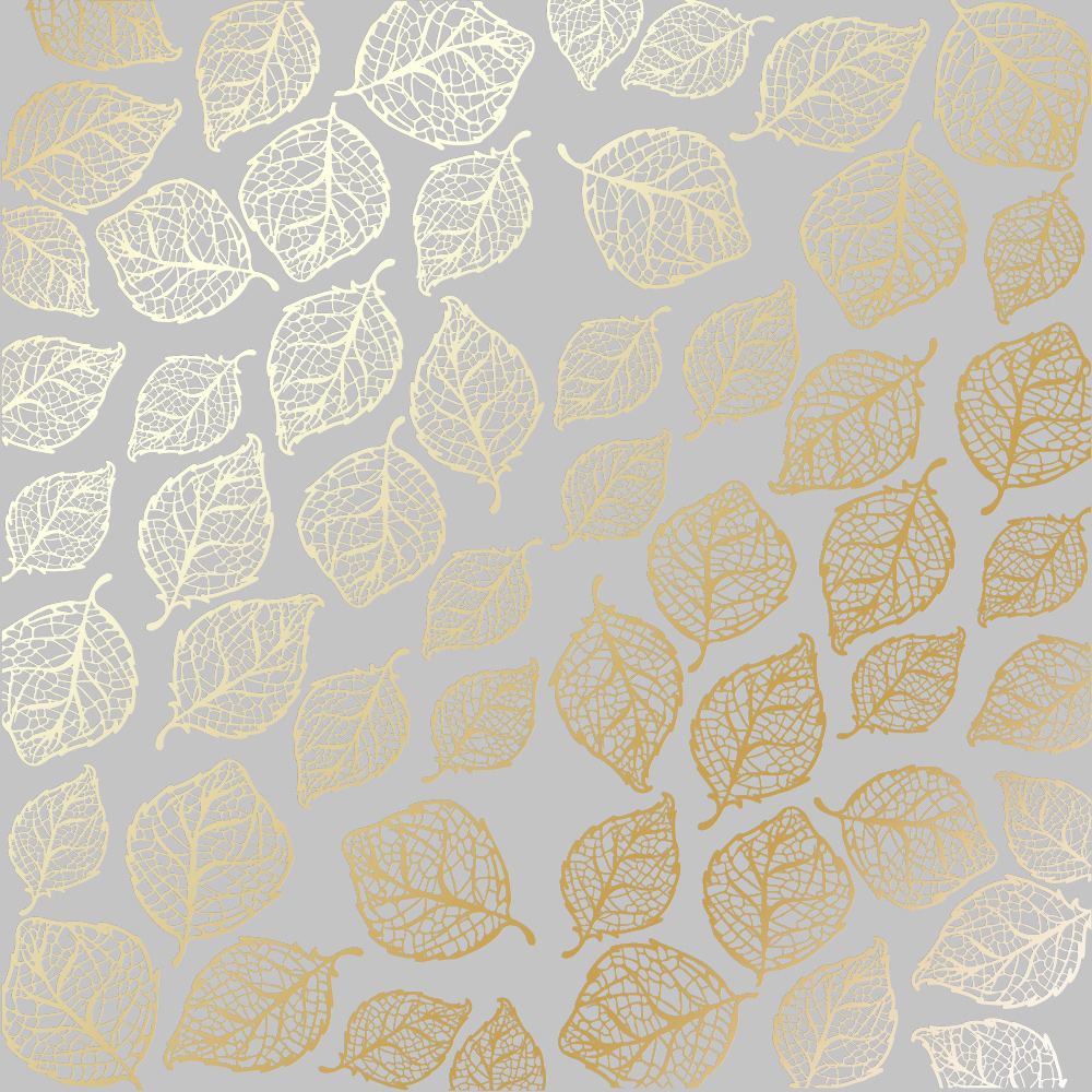 Sheet of single-sided paper with gold foil embossing, pattern Golden Delicate Leaves Gray, 12"x12"