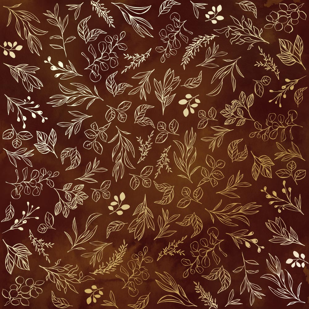 Einseitig bedruckter Papierbogen mit Goldfolienprägung, Muster "Goldene Zweige, Farbe Braun Aquarell" - Fabrika Decoru
